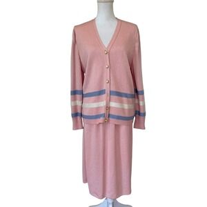 Vivanti‎ Vintage Pink Knit Skirt Suit Cardigan Set Striped Size 14 Made in USA